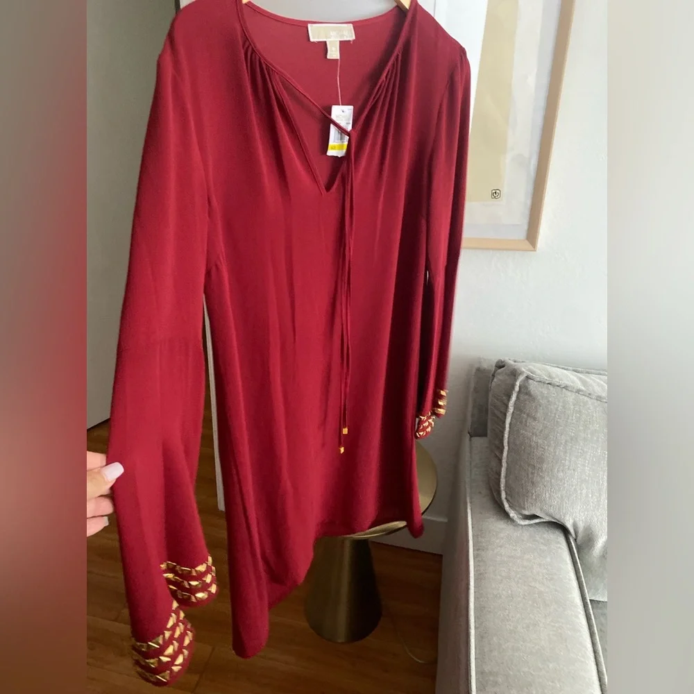 Michael Kors Red Golden Boho Studs Holiday Flowy Tunic Mini Dress size M - Picture 11 of 16
